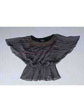 Dressbarn Flutter Sleeve Mesh Overlay Blouse Womens Size 8 Gray Beaded Swoop...